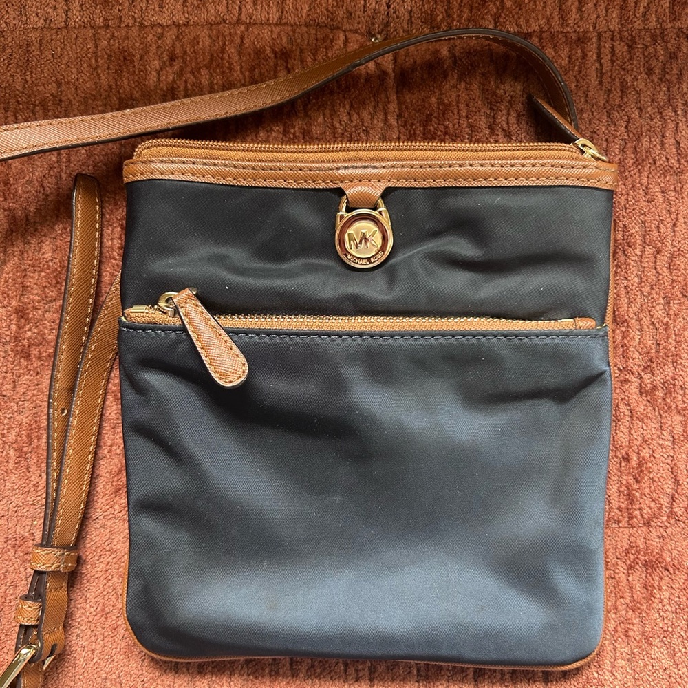 Michael Kors Kempton Navy Blue and Brown Crossbody Bag